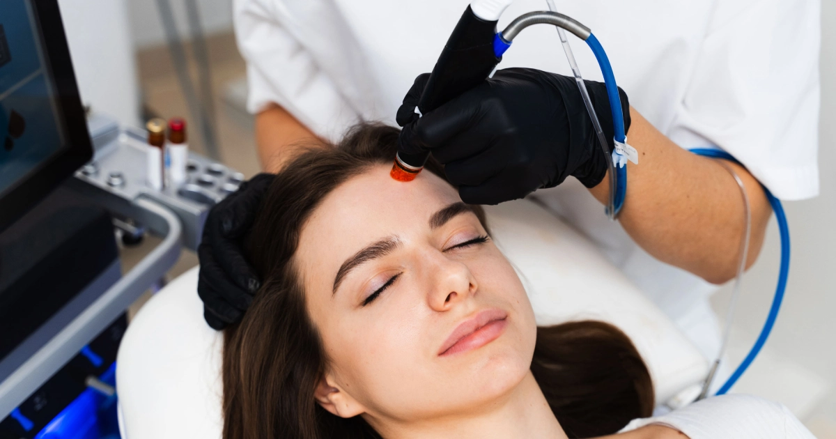 A woman receiving a HydraFacial in Houston with a handheld device from a person wearing black gloves.